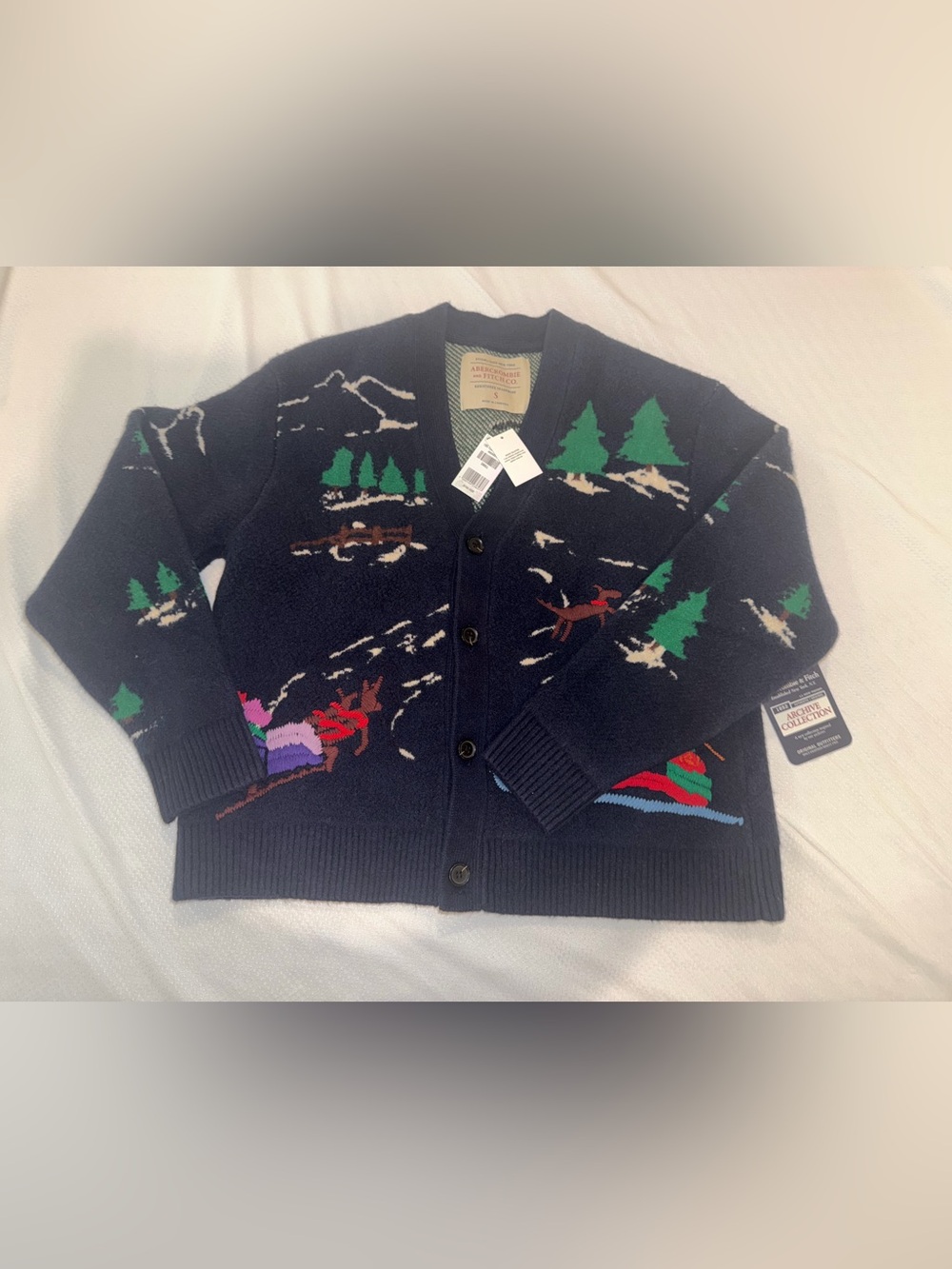 Abercrombie & Fitch Navy Scenic Holiday Cardigan with Colorful Motifs